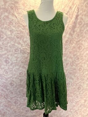 Green Lace Drop-Waist Mini Dress